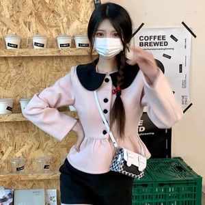 Japanese Kawaii Winter Black Pink Puplum Ruffle Jacket Blouse Top